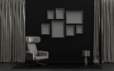 Minimalist living room interior in flat single pastel black background and metallic silver color with seven frames on the wall and furnitures and plants, in the room, 3d Rendering