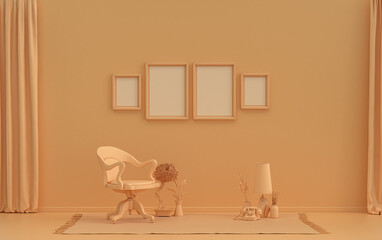 Interior room in plain monochrome orange pinkish color, 4 frames on the wall with furnitures and plants, for poster presentation, Gallery wall. 3D rendering