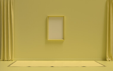 Single Frame Gallery Wall in light yellow color monochrome flat room without furniture and empty, 3d Rendering