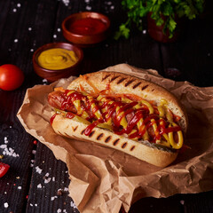 Very tasty traditional american fast food - hotdog. Grilled bun with sausage, mustard and ketchup, seasoning and tomatoes on dark background with copy space. 