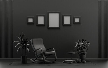 Flat color interior room for poster showcase with 5 frames  on the wall, monochrome black and dark gray color gallery wall with furnitures and plants. 3D rendering
