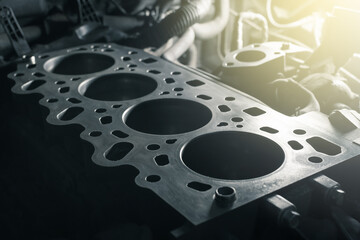 Disassembled car engine without cylinder head. Repair of an old turbocharged diesel engine in a car...