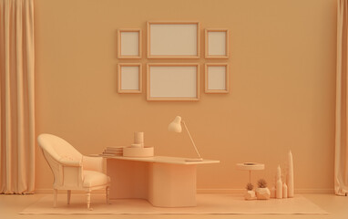 Obraz na płótnie Canvas Poster frame background room in flat orange pinkish color with 6 frames on the wall, solid monochrome background for gallery wall mockup, 3d rendering