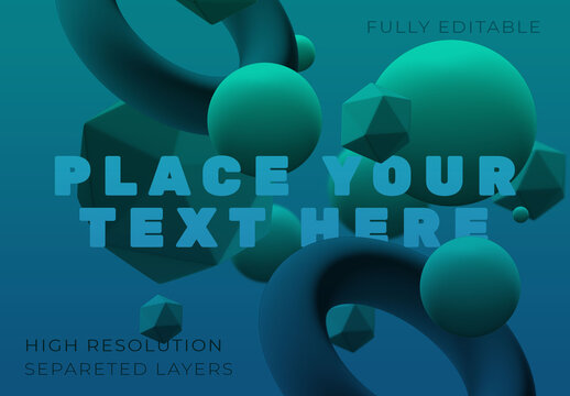 Floating Spheres and Polygons on Blue Background Mockup