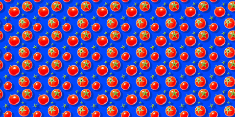 Seamless vegetable pattern of fresh ripe red cherry tomatoes isolated on blue background. Top view. Banner. Flat lay composition.