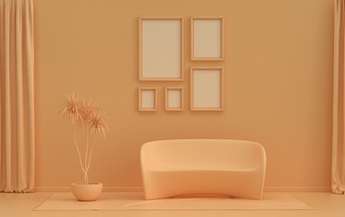 Flat color interior room for poster showcase with 5 frames  on the wall, monochrome orange pinkish color gallery wall with single chair and plants. 3D rendering