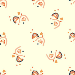 Obraz premium Vector colored seamless repeating pattern with hand-drawn scandinavian rainbow on a yellow background. texture for fabric, textile, poster, wrapper, kids room