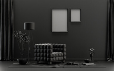 Double Frames Gallery Wall in black and dark gray color monochrome flat room with furnitures and plants, 3d Rendering