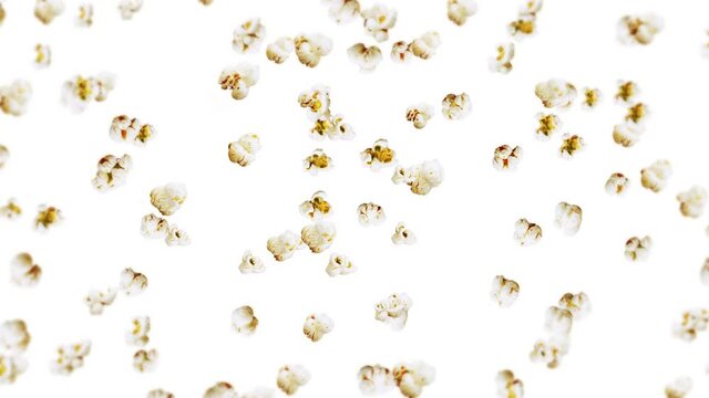 Flying many popcorns on white background. White salty popcorn. Healthy food. Corn seed. 3D loop animation of popcorn rotating.
