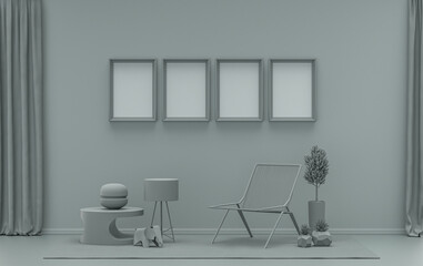 Fototapeta na wymiar Single color monochrome ash gray color interior room with furnitures and plants, 4 poster frames on the wall, 3D rendering
