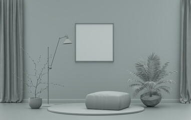 Single Frame Gallery Wall in ash gray color monochrome flat room with furnitures and plants, 3d Rendering