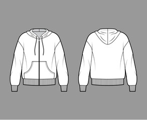 Zip-up Hoody sweatshirt technical fashion illustration with long sleeves, oversized body, pouch, knit rib cuff, banded hem. Flat large template front, back, white color. Women, men, unisex CAD mockup