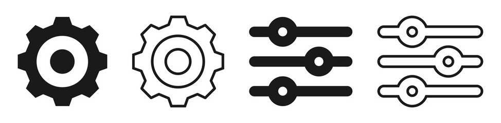 Setting black icon set. Isolated option symbols on white background. Gear cogwheel settings, basic app options. Config glyph filled and outline. Vector illustration.