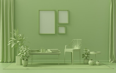 Fototapeta na wymiar Gallery wall with three frames, in monochrome flat single light green color room with furnitures and plants, 3d Rendering