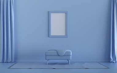 Single Frame Gallery Wall in light blue monochrome flat room with middle ottoman puff without plants, 3d Rendering