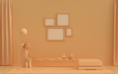 Obraz premium Interior room in plain monochrome orange pinkish color, 4 frames on the wall with furnitures and plants, for poster presentation, Gallery wall. 3D rendering