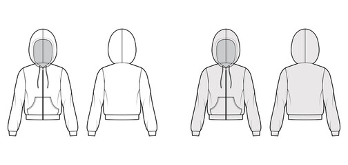 Zip-up Hoody sweatshirt technical fashion illustration with elbow long sleeves, relax body, kangaroo pouch, banded hem. Flat apparel template front, back, white, grey color. Women, unisex CAD mockup © Vectoressa
