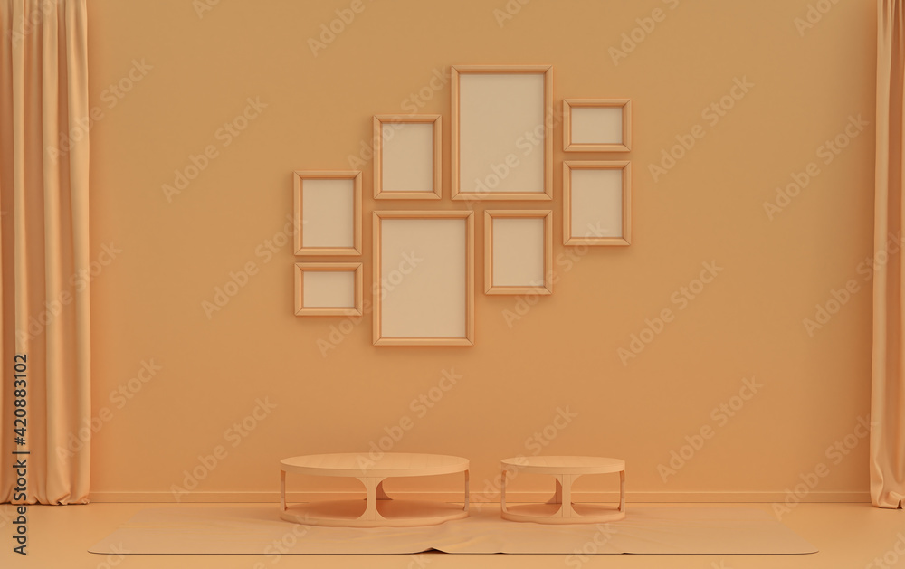 Wall mural Minimalist living room interior in flat single pastel orange pinkish color with 8 frames on the wall and furnitures and plants, in the room, 3d Rendering