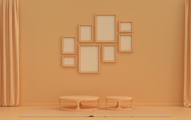 Minimalist living room interior in flat single pastel orange pinkish color with 8 frames on the wall and furnitures and plants, in the room, 3d Rendering