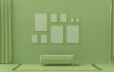 Modern interior flat light green color room with middle ottoman puff without plants, gallery wall template with 9 frames on the wall for poster presentation, 3d Rendering