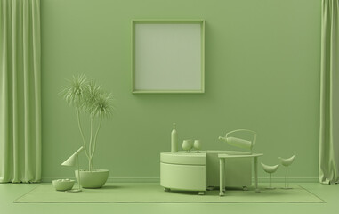 Fototapeta na wymiar Single Frame Gallery Wall in light green color monochrome flat room with furnitures and plants, 3d Rendering