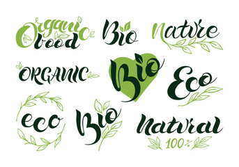 Set of vegan, eco, bio, organic, fresh, healthy, 100 percent, natural icons. Logo lettering. Vector illustration EPS 10.