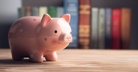 piggy bank on books background