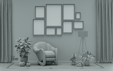 Modern interior flat ash gray color room with furnitures and plants, gallery wall template with 9 frames on the wall for poster presentation, 3d Rendering