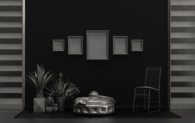 Flat color interior room for poster showcase with 5 frames  on the wall, monochrome black and metallic silver color gallery wall with single chair and plants. 3D rendering