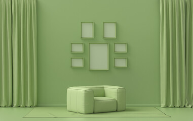 Mock-up poster gallery wall with six frames in solid pastel light green room with single chair, without plant, 3d Rendering