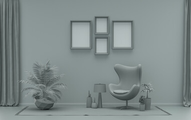 Gallery wall with four poster frames, in monochrome flat single ash gray color room with furnitures and plants,  3d Rendering