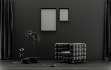 Double Frames Gallery Wall in black and dark gray color monochrome flat room with single chair and plants, 3d Rendering