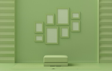 Minimalist living room interior in flat single pastel light green color with 8 frames on the wall with middle ottoman puff without plants in the room, 3d Rendering