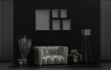 Flat color interior room for poster showcase with 5 frames  on the wall, monochrome black and metallic silver color gallery wall with furnitures and plants. 3D rendering