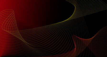 Abstract design with refracted lines red and yellow. Colored dynamic waves on a black background. Geometric abstract banner for text. Vector illustration, template.