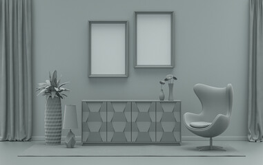 Fototapeta na wymiar Double Frames Gallery Wall in ash gray color monochrome flat room with furnitures and plants, 3d Rendering