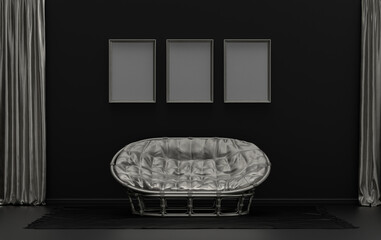 Gallery wall with three frames, in monochrome flat single black and metallic silver color room with single chair, without plant,  3d Rendering