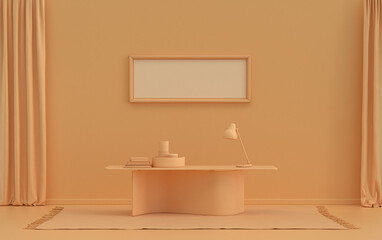 Naklejka na ściany i meble Single Frame Gallery Wall in orange pinkish color monochrome flat room with office desk and plants, 3d Rendering