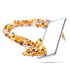 online drugstore service concept. arrow symbol made by drugs and tablets out mobile phone screen. isolated on white background