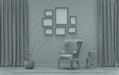Mock-up poster gallery wall with 7 frames in solid pastel ash gray room with furnitures and plants, 3d Rendering