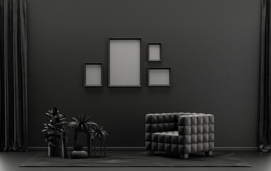 Interior room in plain monochrome black and dark gray color, 4 frames on the wall with single chair and plants, for poster presentation, Gallery wall. 3D rendering