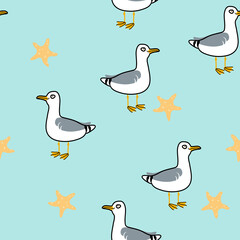 Marine seamless vector pattern. Cartoon seagulls and starfish on blue background. Ocean animal doodle illustration. Can be used for textile, wallpaper, bed linen, wrapping paper.