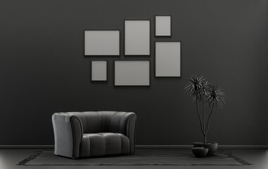 Wall mockup with six frames in solid flat  pastel black and dark gray color, monochrome interior modern living room with single chair and plants, 3d rendering