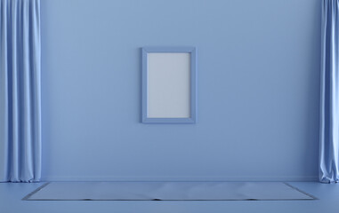 Single Frame Gallery Wall in light blue monochrome flat room without furniture and empty, 3d Rendering