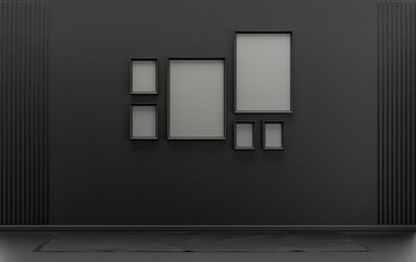 Wall mockup with six frames in solid flat  pastel black and dark gray color, monochrome interior modern living room without furniture and empty, 3d rendering