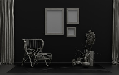 Gallery wall with three frames, in monochrome flat single black and metallic silver color room with single chair and plants,  3d Rendering