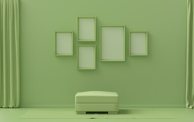 Single color monochrome light green color interior room with middle ottoman puff without plants,  5 poster frames on the wall, 3D rendering