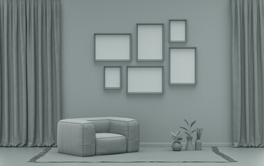 Wall mockup with six frames in solid flat  pastel ash gray color, monochrome interior modern living room with single chair and plants, 3d rendering