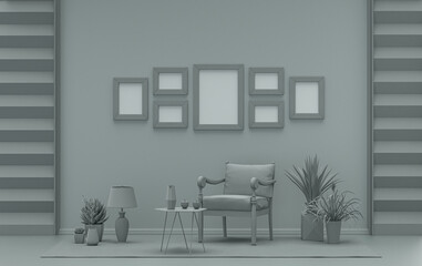 Mock-up poster gallery wall with 7 frames in solid pastel ash gray room with furnitures and plants, 3d Rendering