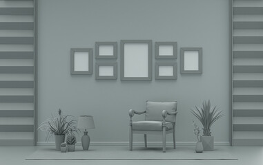 Mock-up poster gallery wall with 7 frames in solid pastel ash gray room with furnitures and plants, 3d Rendering
